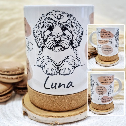 Kubek personalizowany 440 ml – rasa psa i imię, napisy o psiakach, korkowa podstawa (kolaż ujęć)