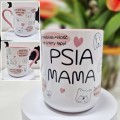 Kubek Psia Mama 330 ml – różowe ucho i wnętrze, kolaż napisów i piesków