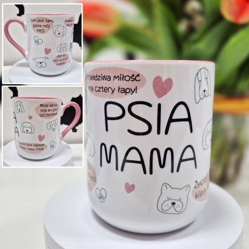 Kubek Psia Mama 330 ml – różowe ucho i wnętrze, kolaż napisów i piesków