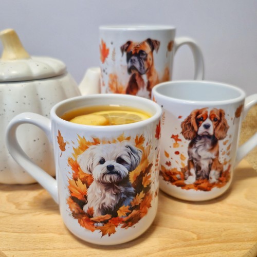 Kubek jesienny z psem – rasa do wyboru, pojemność 330 ml / 450 ml