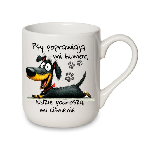 Kubek 330 ml z pieskiem i napisem „Psy poprawiają mi humor…” – śmieszny kubek dla psiarzy