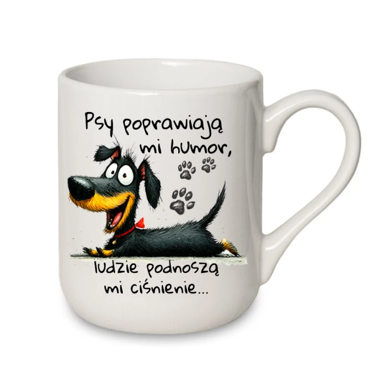 Kubek 330 ml z pieskiem i napisem „Psy poprawiają mi humor…” – śmieszny kubek dla psiarzy