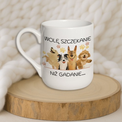 Kubek „Wolę szczekanie niż gadanie” – śmieszny kubek dla psiarzy z pieskami, wybór pojemności 330 ml