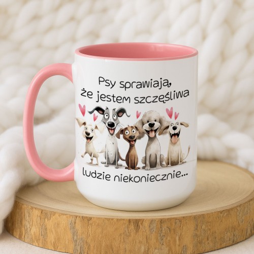 Różowy kubek dla psiary „Psy sprawiają, że jestem szczęśliwa” – pojemność 330/450 ml
