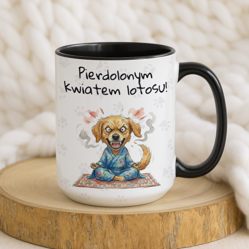 Kubek 450 ml dla psiarzy – dwustronna grafika „kwiat lotosu”, czarne wnętrze i ucho, zabawny kubek z psem