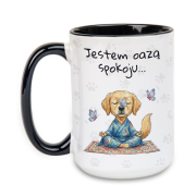 Kubek 450 ml „Jestem oazą spokoju” – czarne ucho i wnętrze, kubek z psem w stylu akwareli