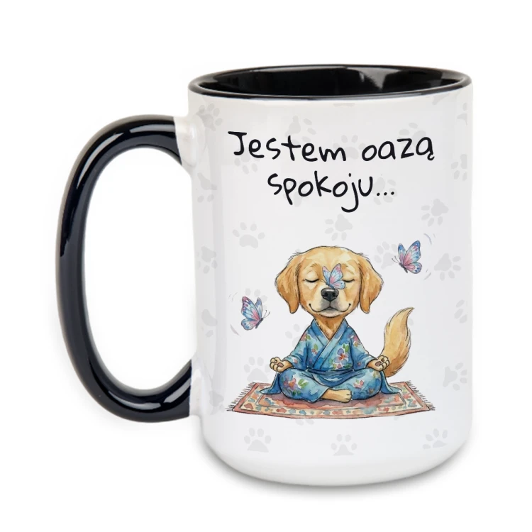 Kubek 450 ml „Jestem oazą spokoju” – czarne ucho i wnętrze, kubek z psem w stylu akwareli