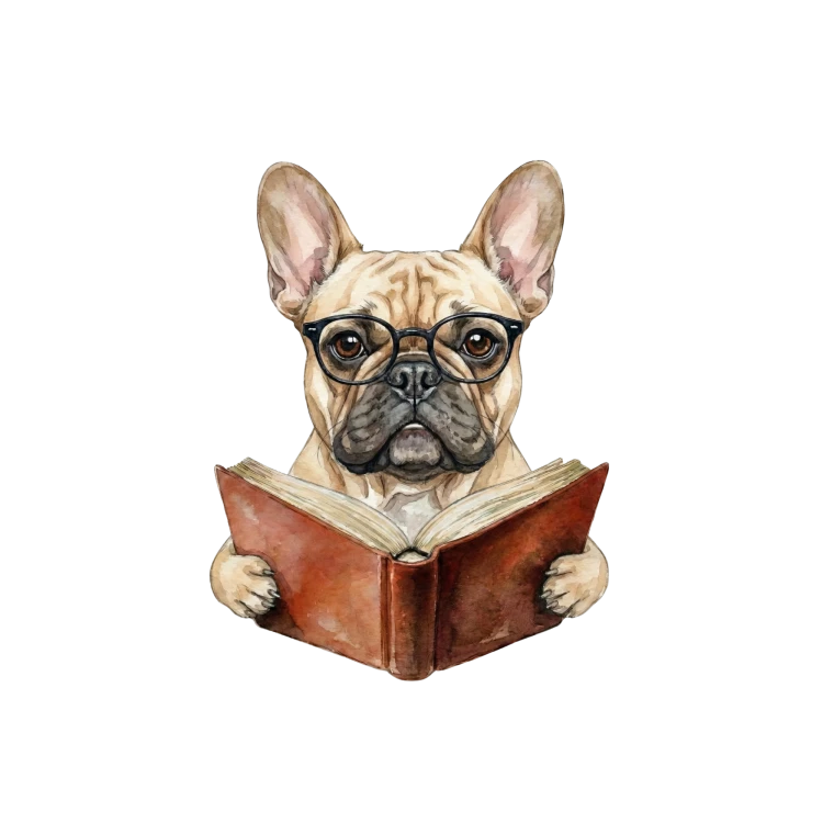 Pies w okularach z książką buldog francuski