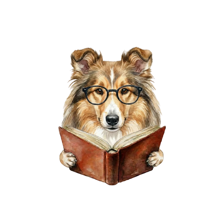 Pies w okularach z książką collie