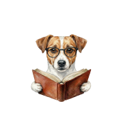 Pies w okularach z książką jack russell