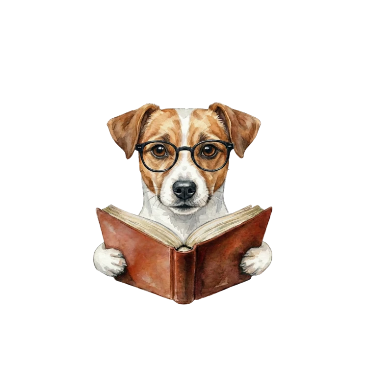 Pies w okularach z książką jack russell