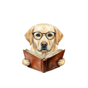 Pies w okularach z książką labrador
