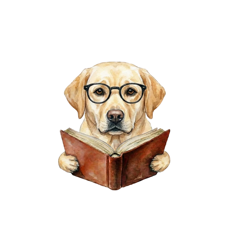Pies w okularach z książką labrador