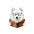 Pies w okularach z książką samoyed