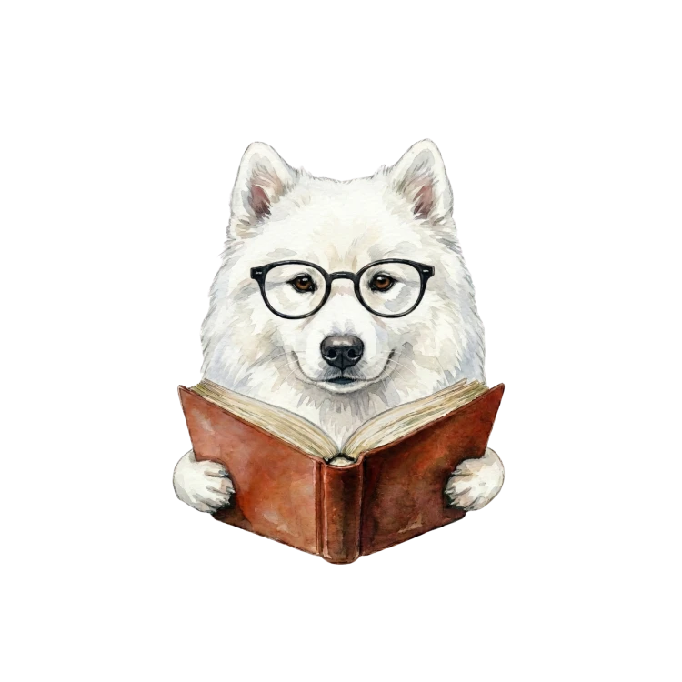 Pies w okularach z książką samoyed
