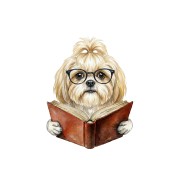 Pies w okularach z książką shih tzu