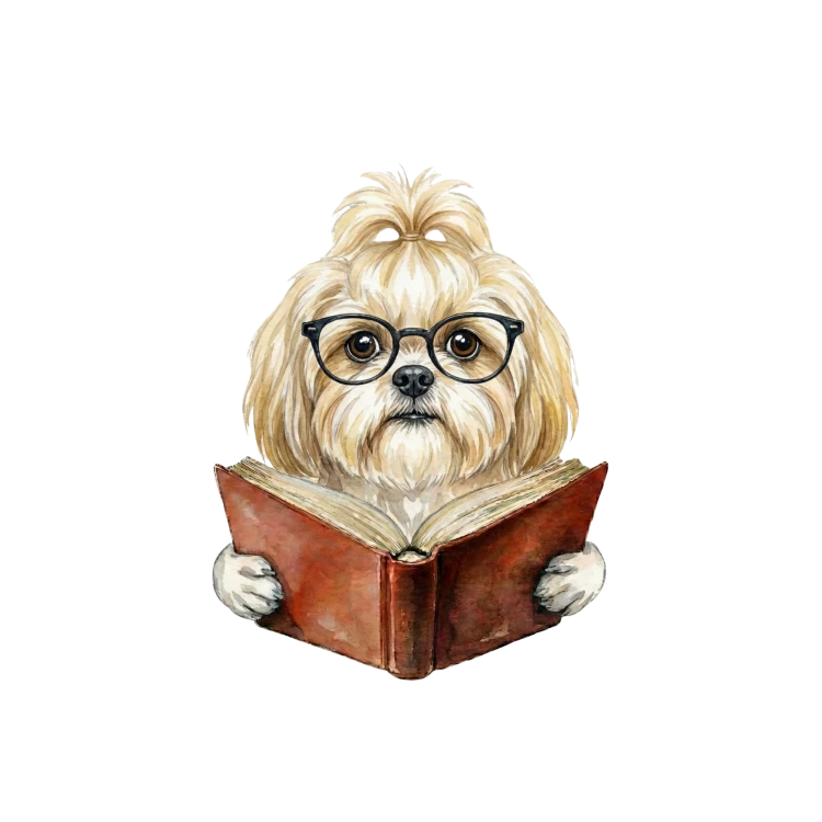 Pies w okularach z książką shih tzu