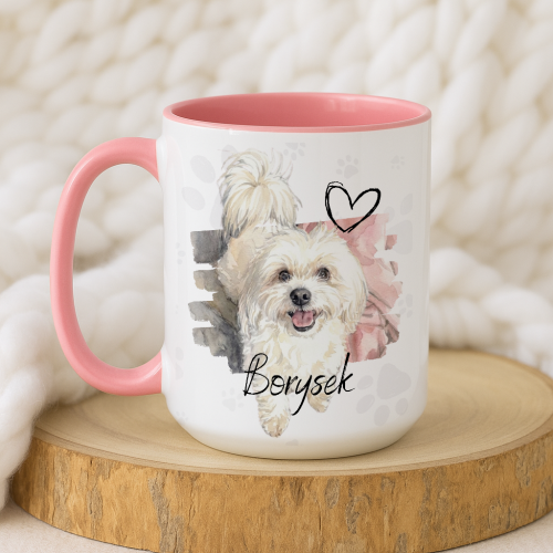 Personalizowany kubek ze zdjęciem psa 450 ml – akwarelowy portret i imię, różowe ucho i wnętrze