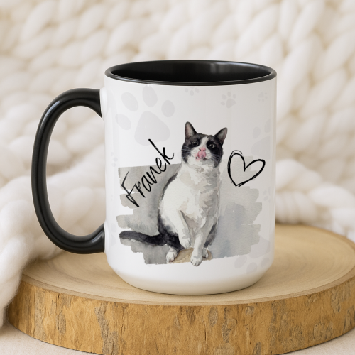 Kubek personalizowany 450 ml – akwarelowy portret pupila i imię, czarne ucho i wnętrze