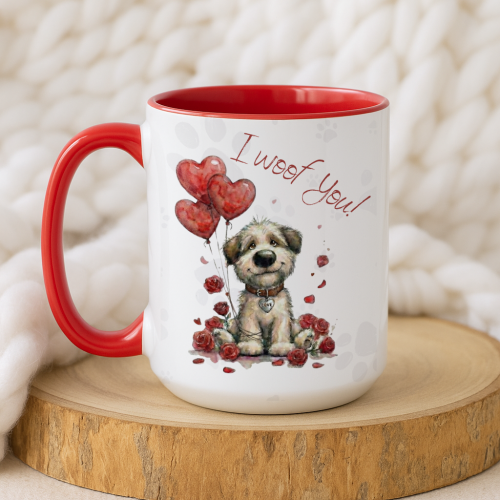 Kubek walentynkowy dla psiarzy I Woof You 450 ml – czerwone ucho i wnętrze, piesek z balonami-sercami