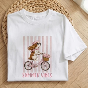 Biała koszulka - summer vibes - pies na rowerze - rasa do wyboru 